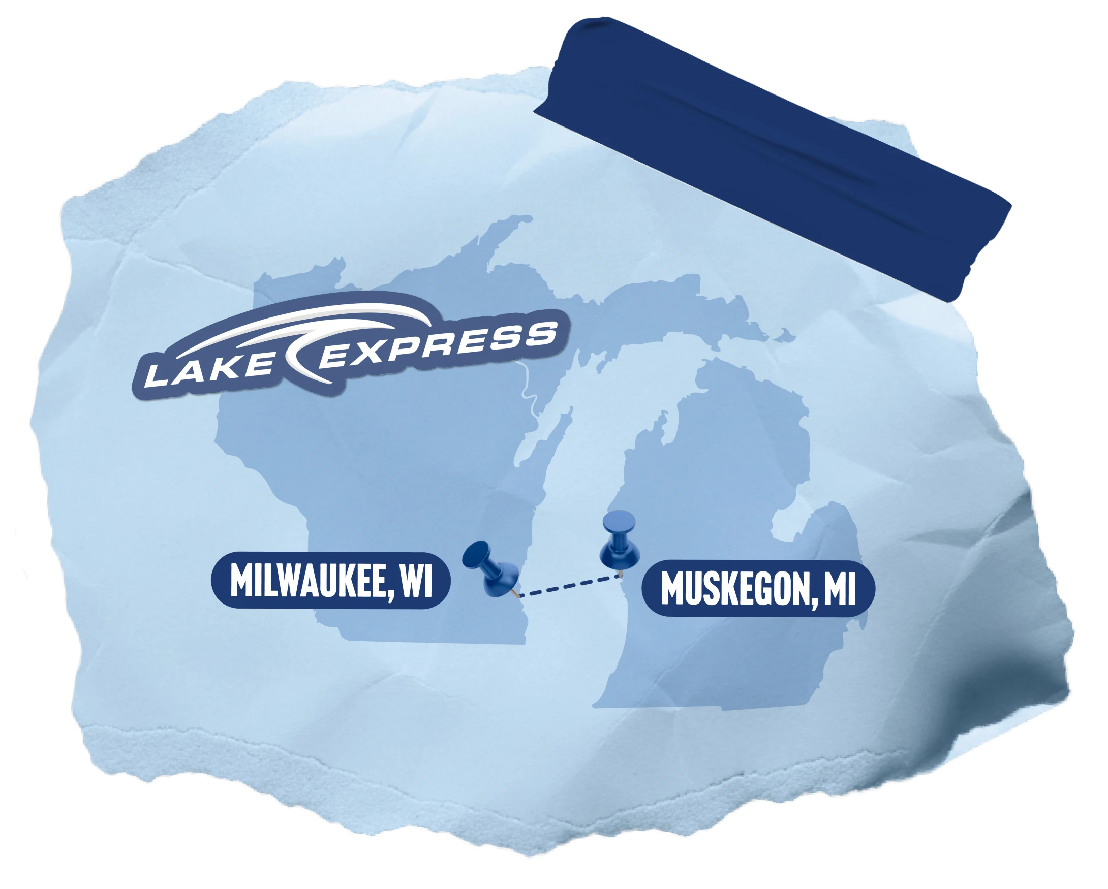 A torn paper map — the Lake Express high-speed ferry route across Lake Michigan.