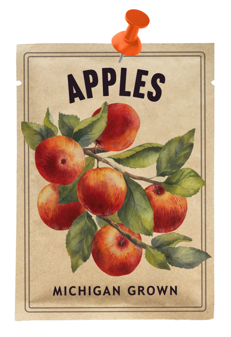 Apple seed packet that reads, Michigan grown.
