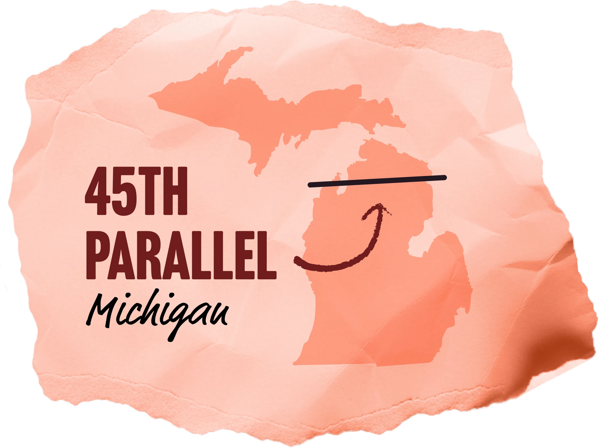 A map cutout of Michigan with a line through the point of the 45th parallel. Text reads, “45th Parallel Michigan.”