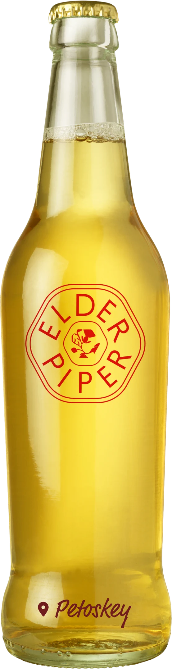 A bottle of cider with the Elder Piper logo.