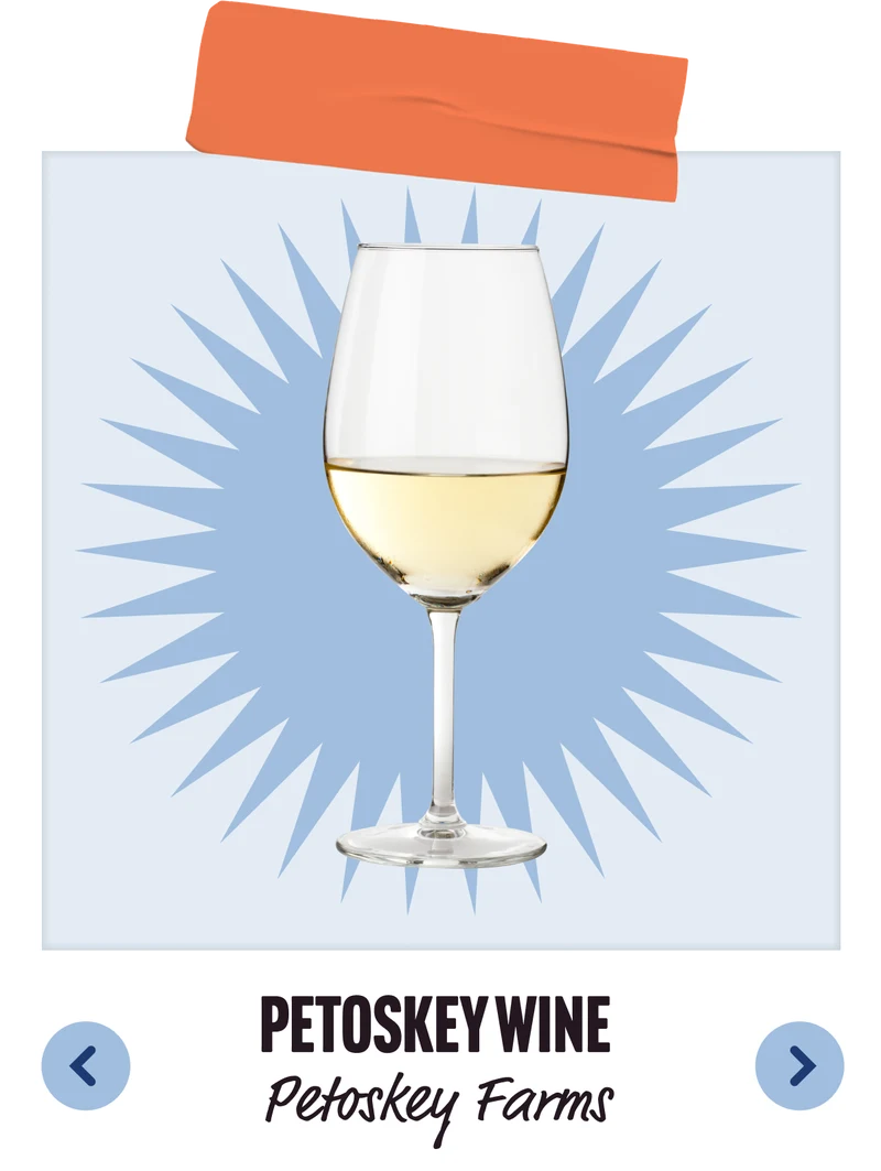 A glass of white wine. Petoskey Wine. Petoskey Farms.