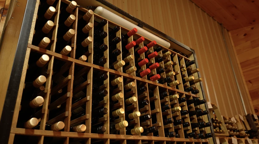 Racks of wine bottles at Mackinaw Trail Winery & Brewery.