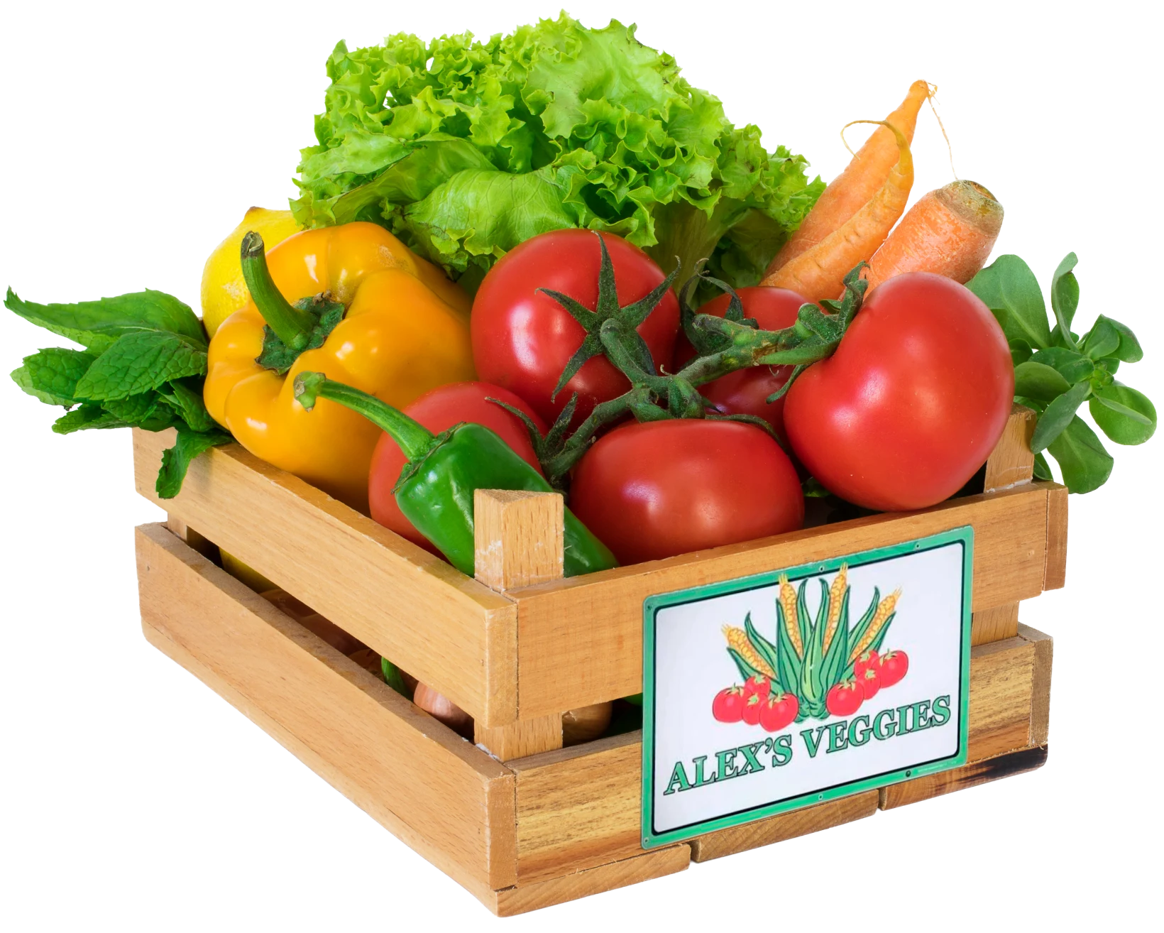 A crate of vegetables — Alex&rsquo;s Veggies.