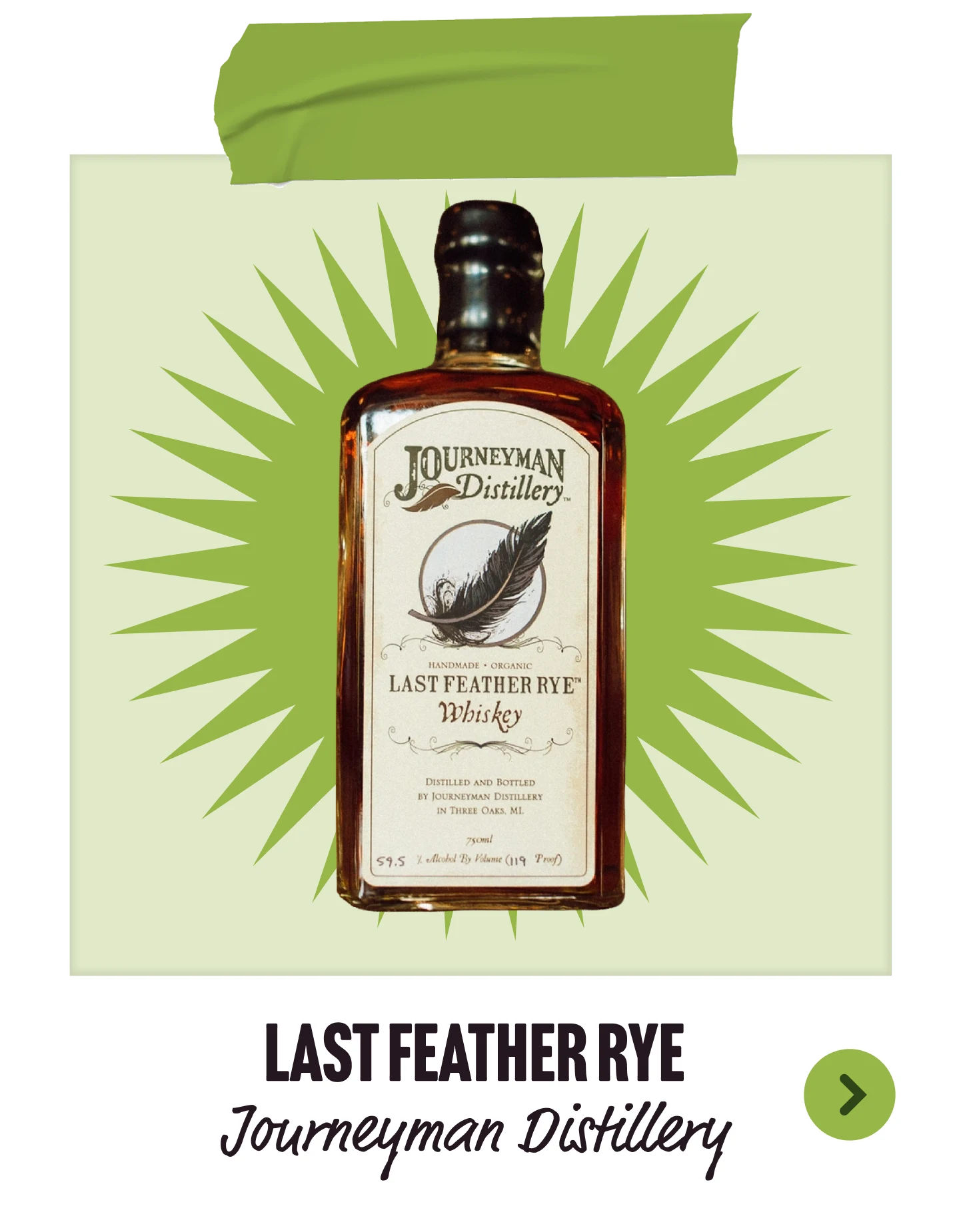 A bottle of Last Feather Rye Whiskey. Last Feather Rye. Journeyman Distillery.