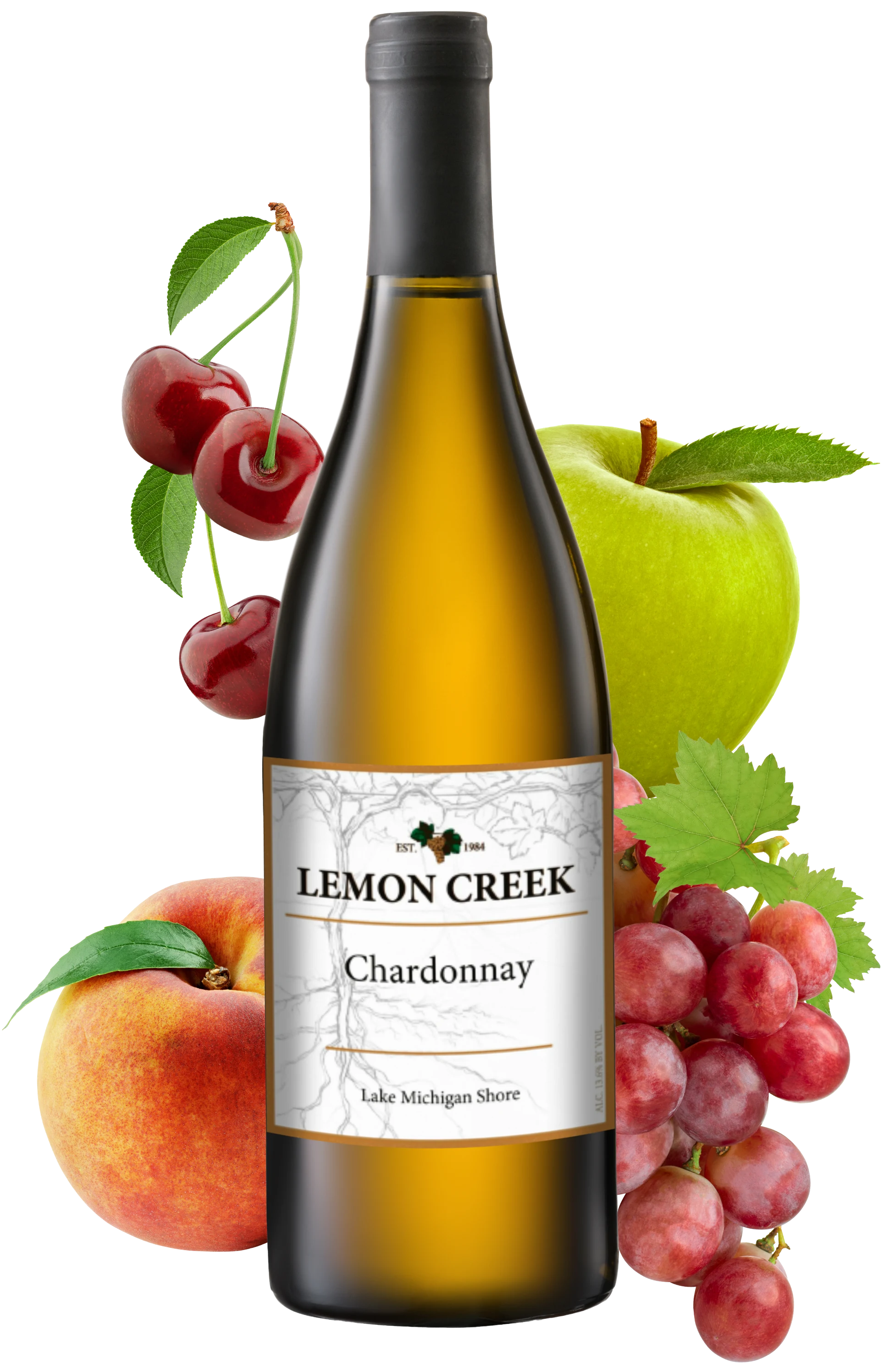 A wine bottle among fresh cherries, an apple, a peach and grapes — the label reads Lemon Creek, Chardonnay, Lake Michigan Shore.
