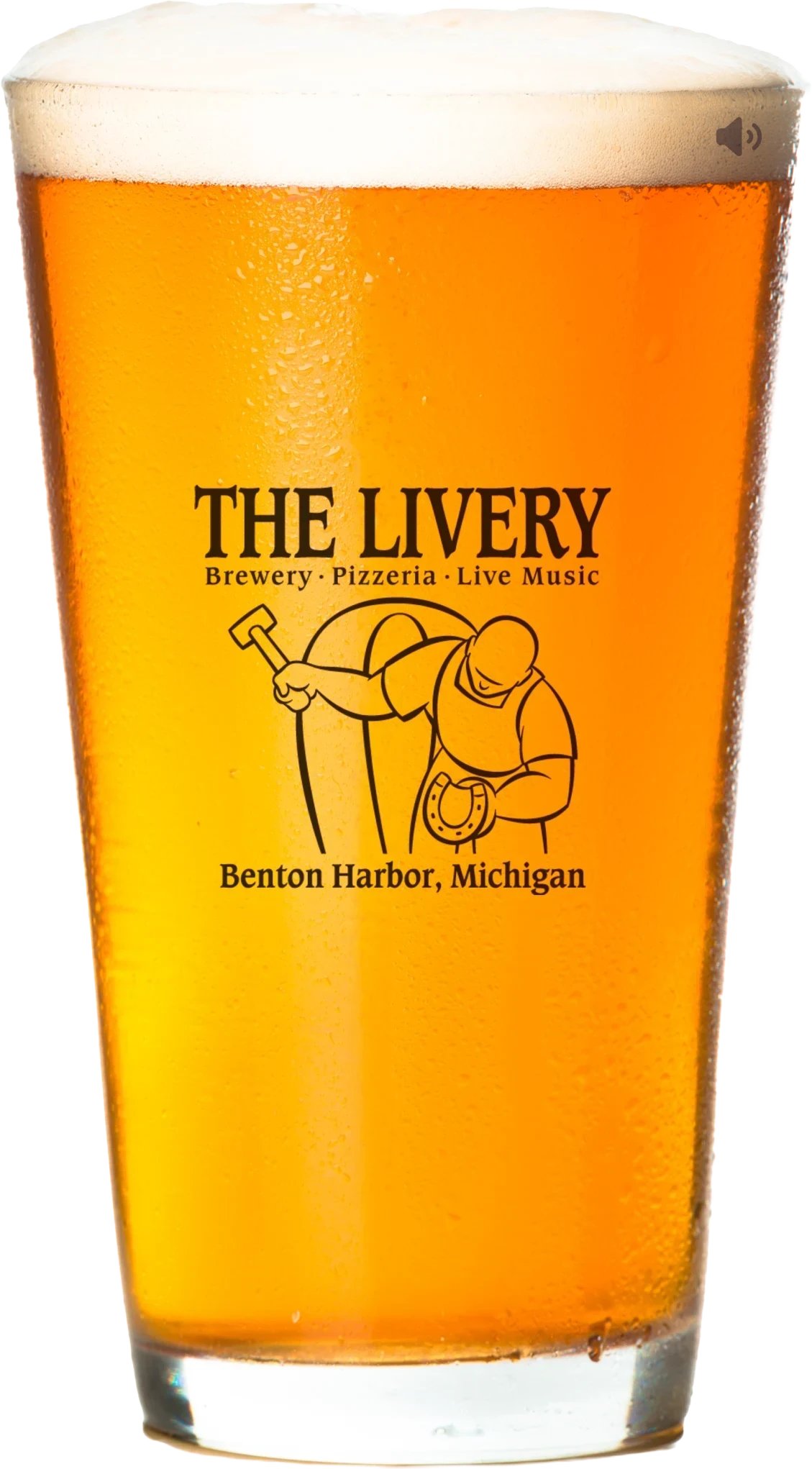 A pint of beer with the Livery Brewery logo. The Livery. Brewery. Pizza. Live Music. Benton Harbor, Michigan.