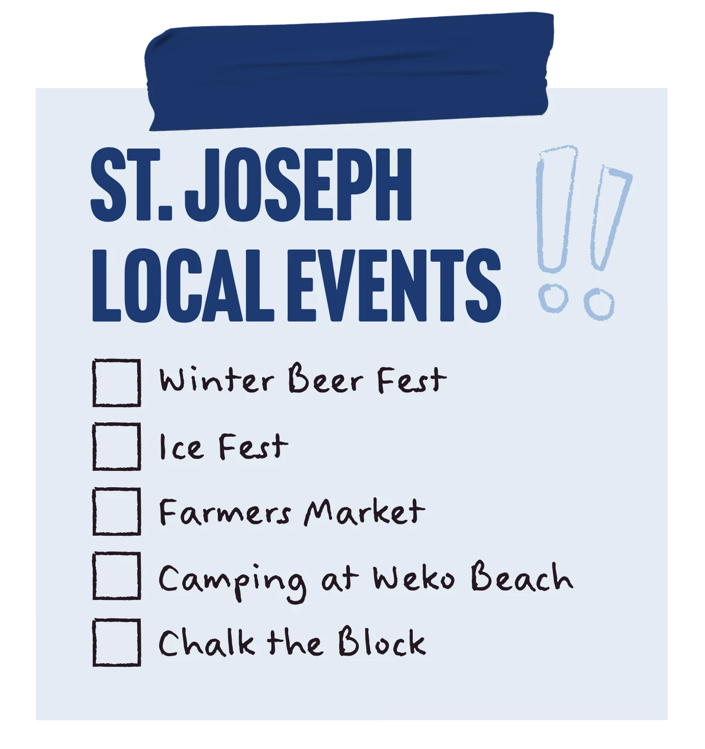A checklist on a sticky note reads: Winter Beer Fest, Ice Fest, Farmers Market, Camping at Weko Beach, Chalk the Block.