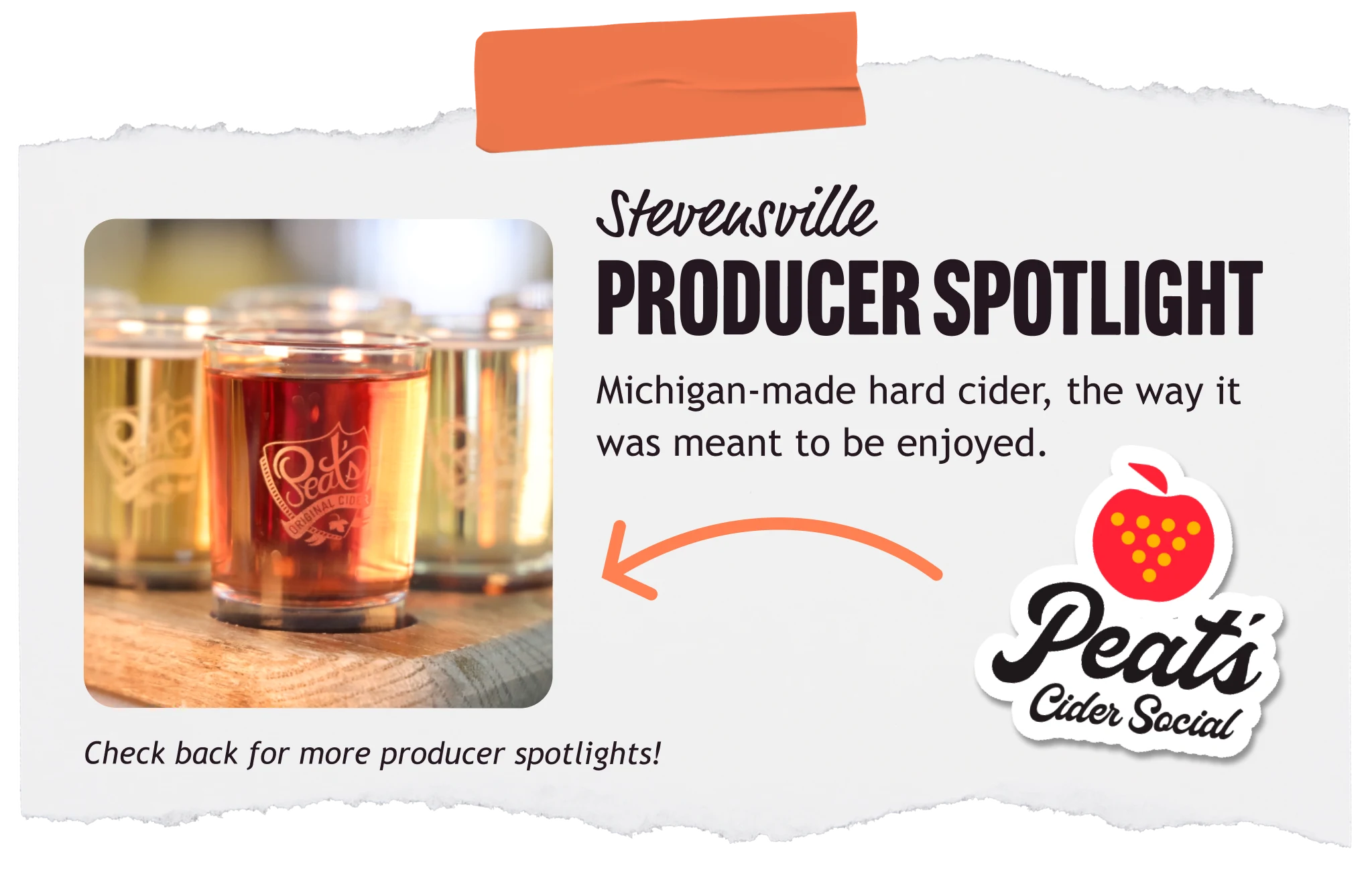 Stevensville producer spotlight — Peat&rsquo;s Cider Social. Michigan-made hard cider, the way it was meant to be enjoyed.